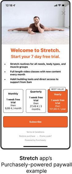 Stretch app Purchasely-powered paywall